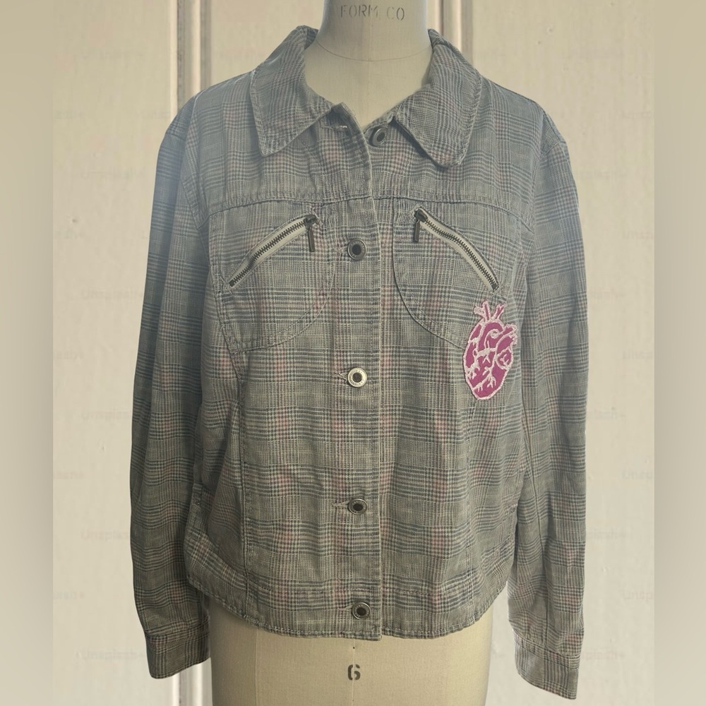 Caribbean Joe Plaid Jacket w/ Heart Patch 90s Style Customized Women's Sz Sm/Med